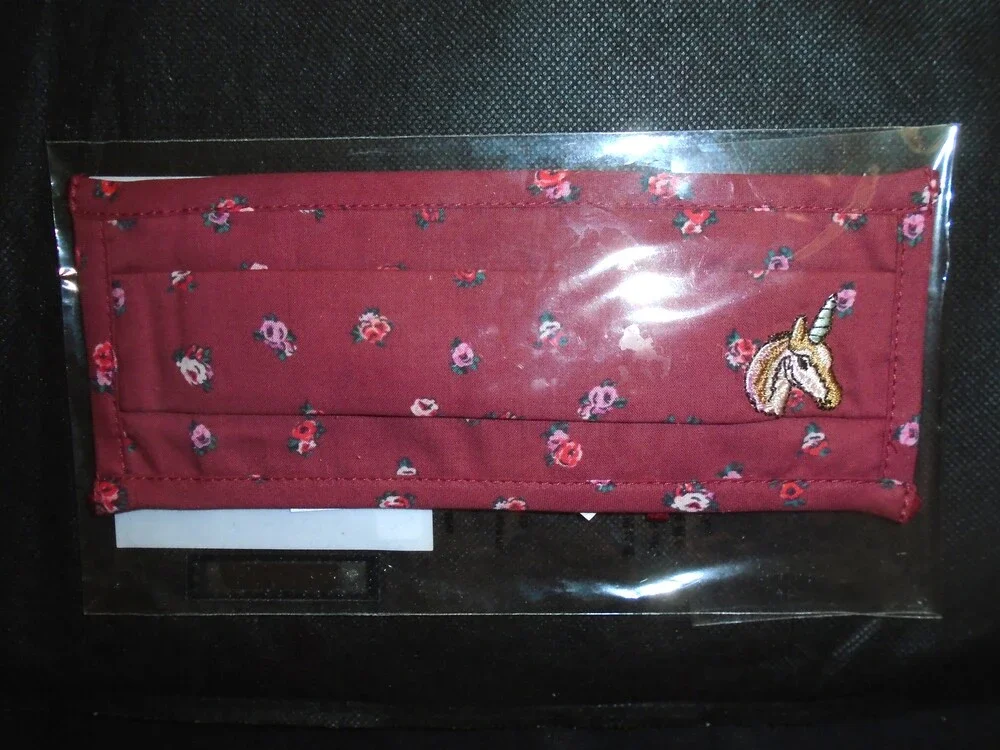 COACH BURGANDY UNICORN FACE MASK WITH VINTAGE ROSE PRINT